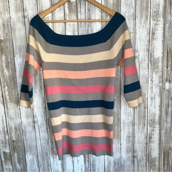 Torrid S MULTI STRIPE 3/4 Sleeve OFF Shoulder Ribbed Sweater 2X - Picture 2 of 9